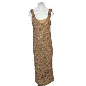 Zara Knit Floral Details Long Crochet Dress Size Small Lined Tan Limited Edition